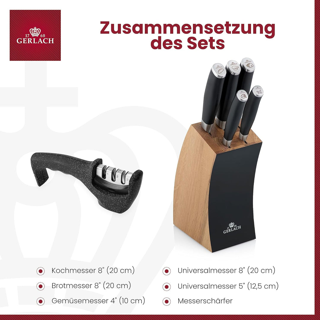 Gerlach Deco Black Messerblock Messerschärfer Messerset Küchenmesserset 5 Messer Edelstahl Buchenhol