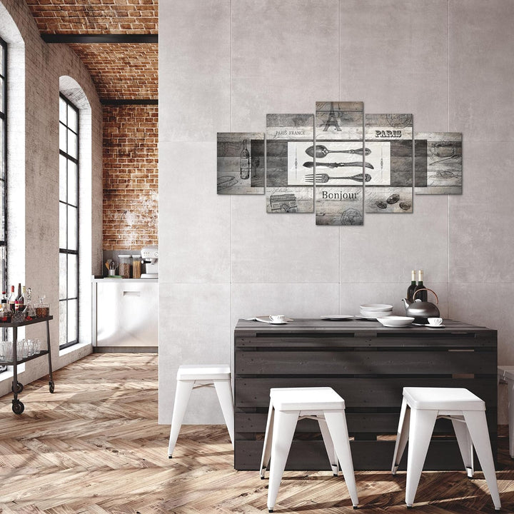 Runa Art Bild Esszimmer Küchenbilder Küche Holz 5 Teilig Vintage Besteck Grau Wandbilder auf Vlies L