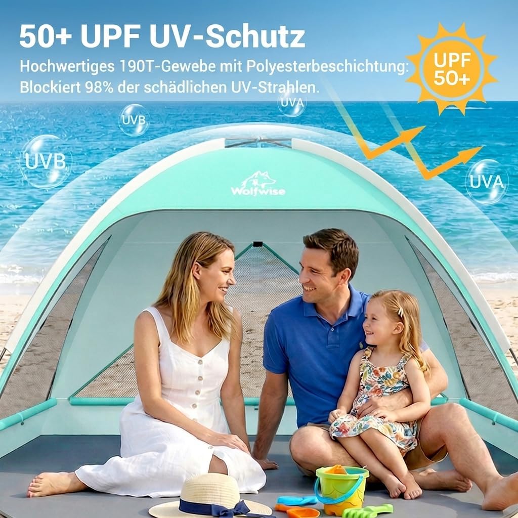 Wolfwise Strandmuschel UV Schutz, 3 Belüftungsfenster & Tragetasche, Strand Zelt mit erweiterbarem B