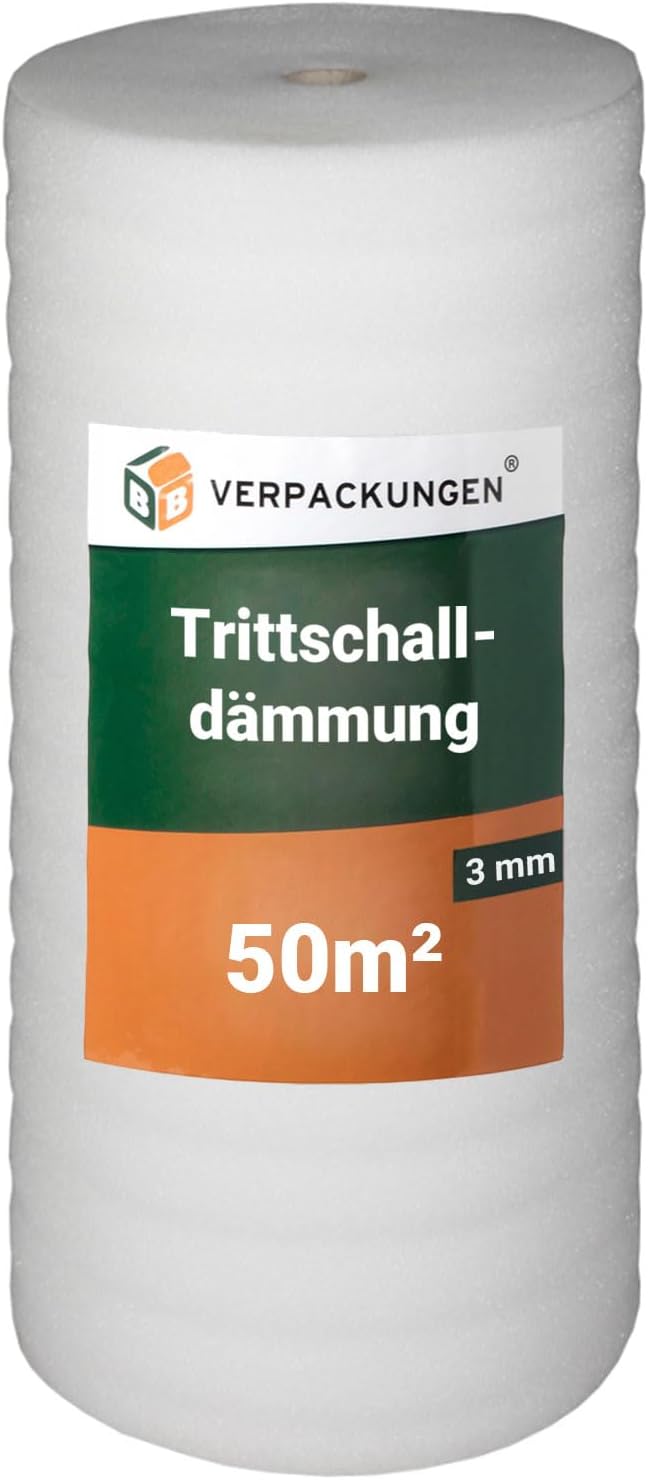 BB-Verpackungen 50 m² Trittschalldämmung 1,0 x 50 m (3 mm stark, sehr gute Schall- und Wärmedämmung)