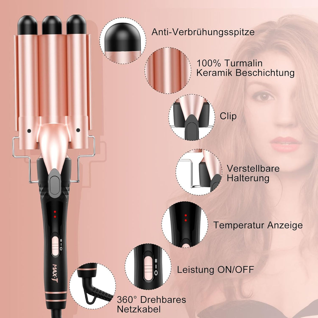 Lockenstäbe Set 5 in 1, MAX-T Lockenstab mit 3 Fässer und Multifunktion Thermal Brush, mit Verschied