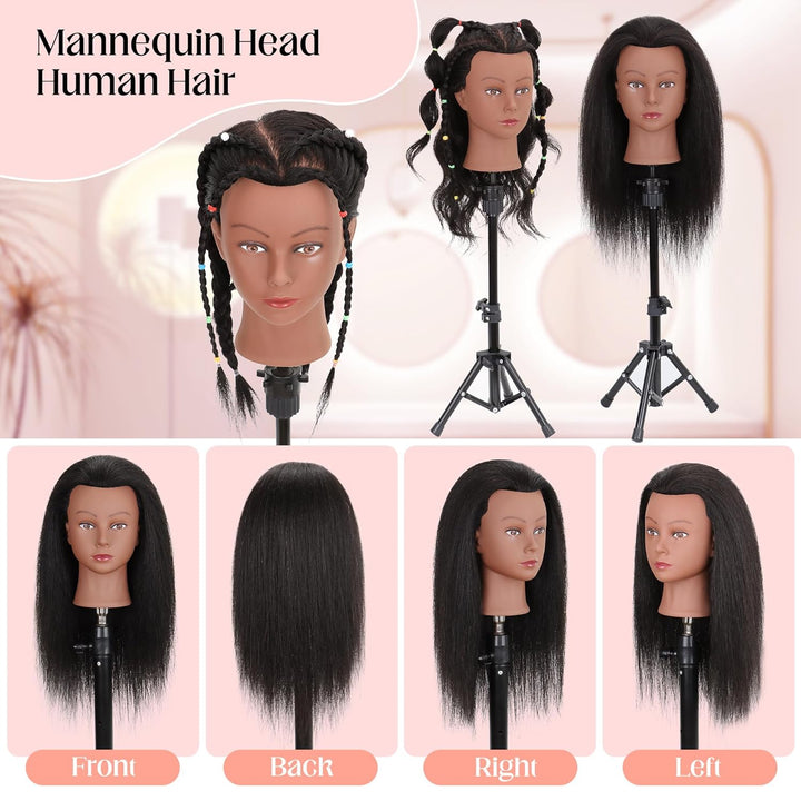 Mannequinkopf, 100% Echthaar, 40,6 cm, Mannequinkopf, Kosmetik-Puppenkopf für Haarstyling, Puppenkop