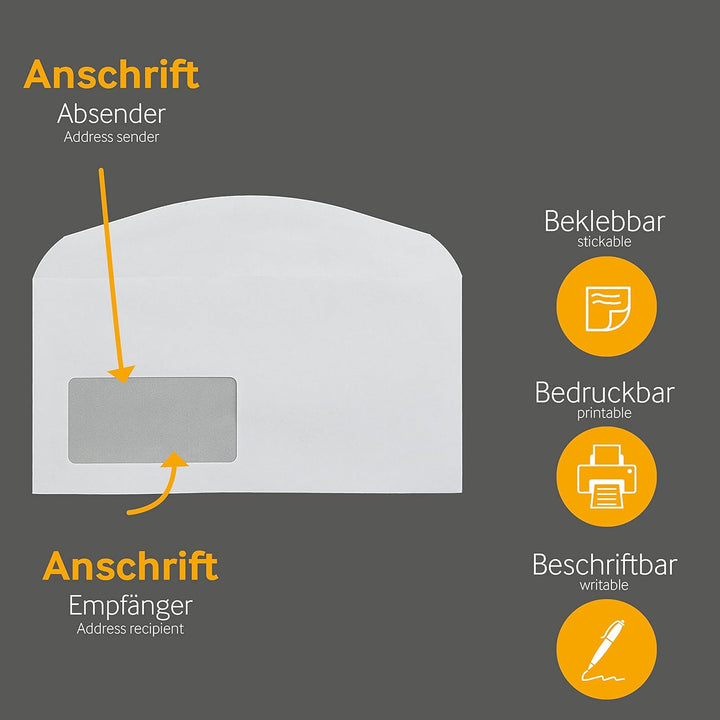 1000 Stück, Kuvertierhüllen, DIN C6/5, Nassklebung, Geschwungene Klappe, 75 g/qm Offset, Mit Fenster