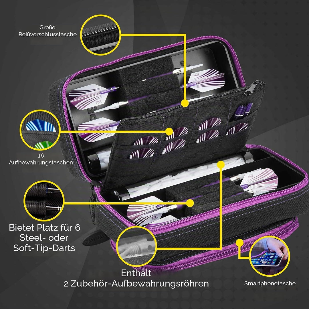 Casemaster Plazma Pro Dart-Schutzhülle mit Handyfach, für Stahlspitzen und weiche Dartpfeile, Schwar