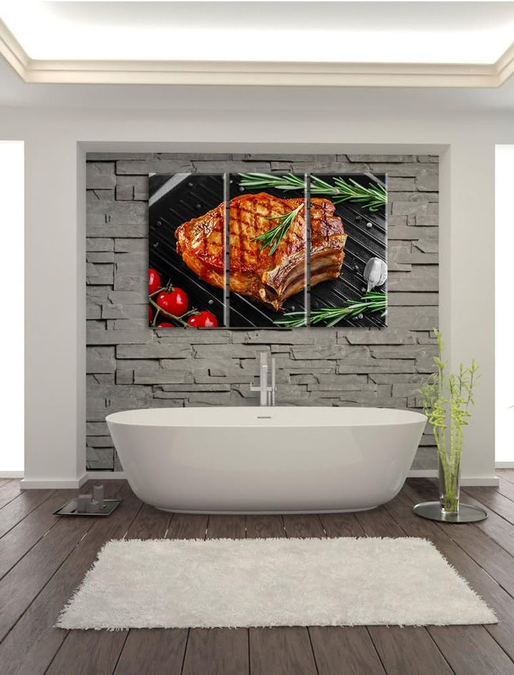Pixxprint Rumpsteak auf Grill als Leinwandbild/Grösse: 3 Teilig (120x80) cm/Wandbild/Kunstdruck/fert
