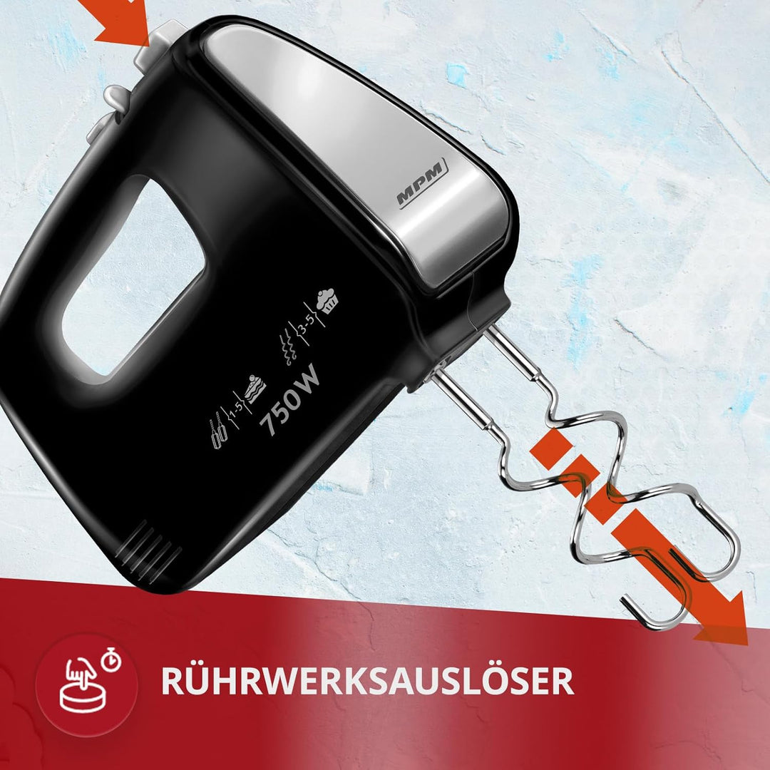 MPM - MMR-19 - Handmixer - Handrührgerät - 750 Watt - mit Schneebesen für Biskuitteig und Knethaken