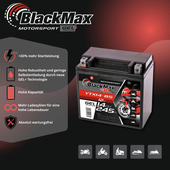 BlackMax YTX14-BS Motorradbatterie GEL 12V 14Ah CTX14-BS 51214 Batterie YTX14-4 14Ah - 220A - YTX14-