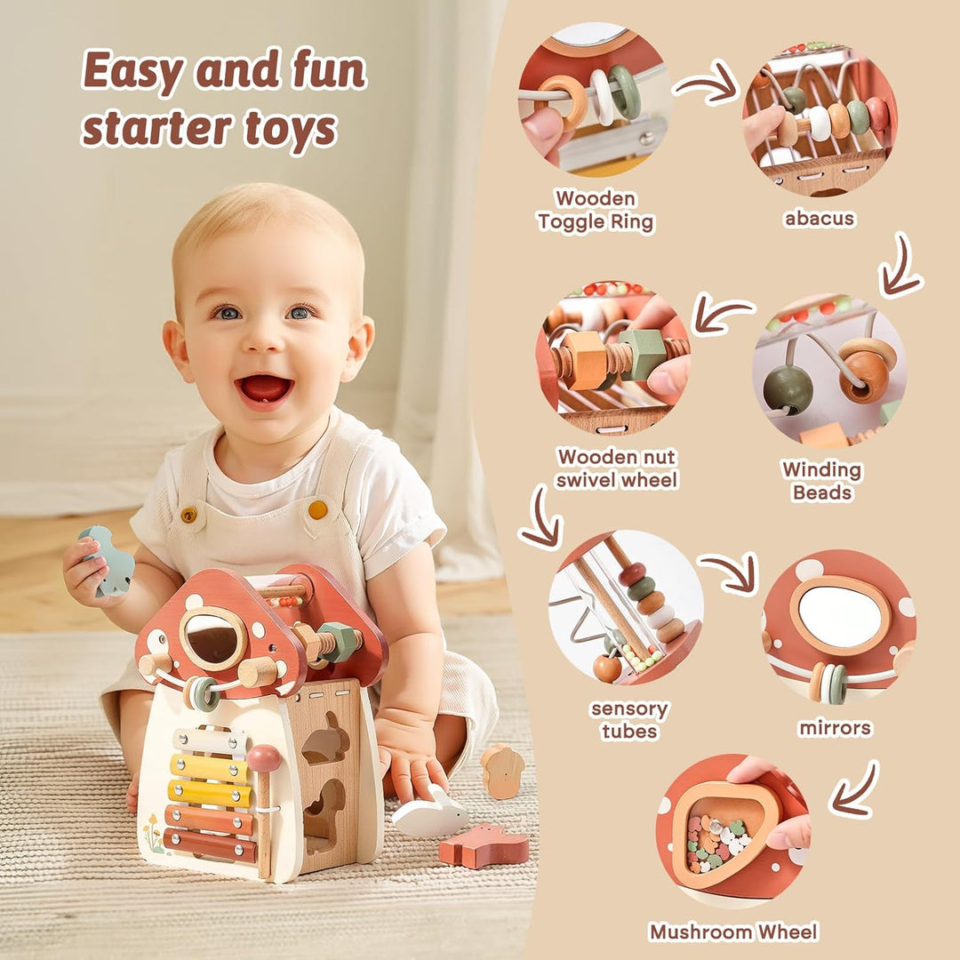 WOODEN TEETHER Montessori Motorikwürfel holzspielzeug Montessori Spielzeug ab 1 Jahr 5 in 1（Rosa Pil