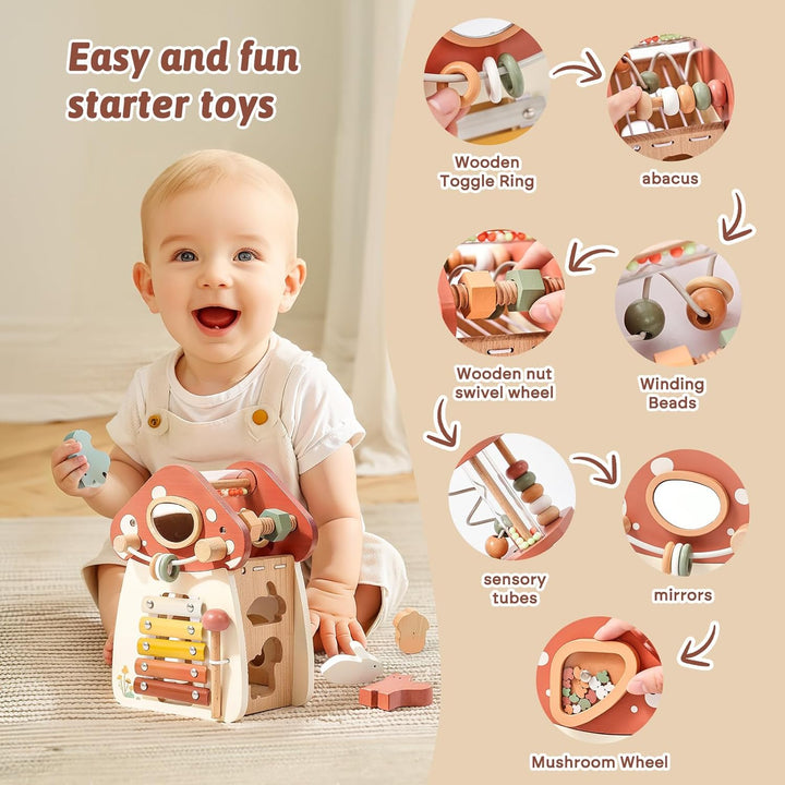 WOODEN TEETHER Montessori Motorikwürfel holzspielzeug Montessori Spielzeug ab 1 Jahr 5 in 1（Rosa Pil