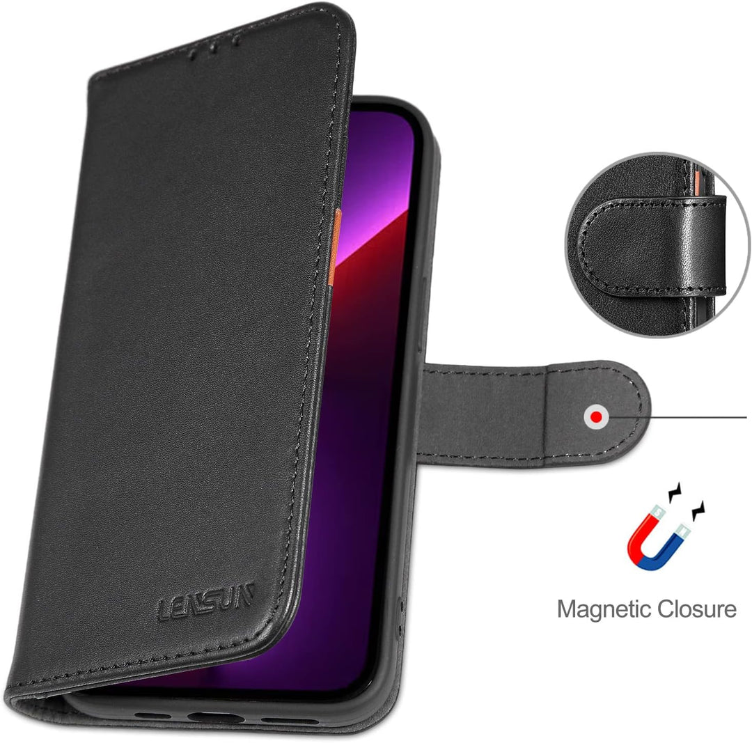 LENSUN Echtleder Hülle für iPhone 13 Pro, Handyhülle [Echtes Leder][Magnetverschluss][RFID Schutz] H