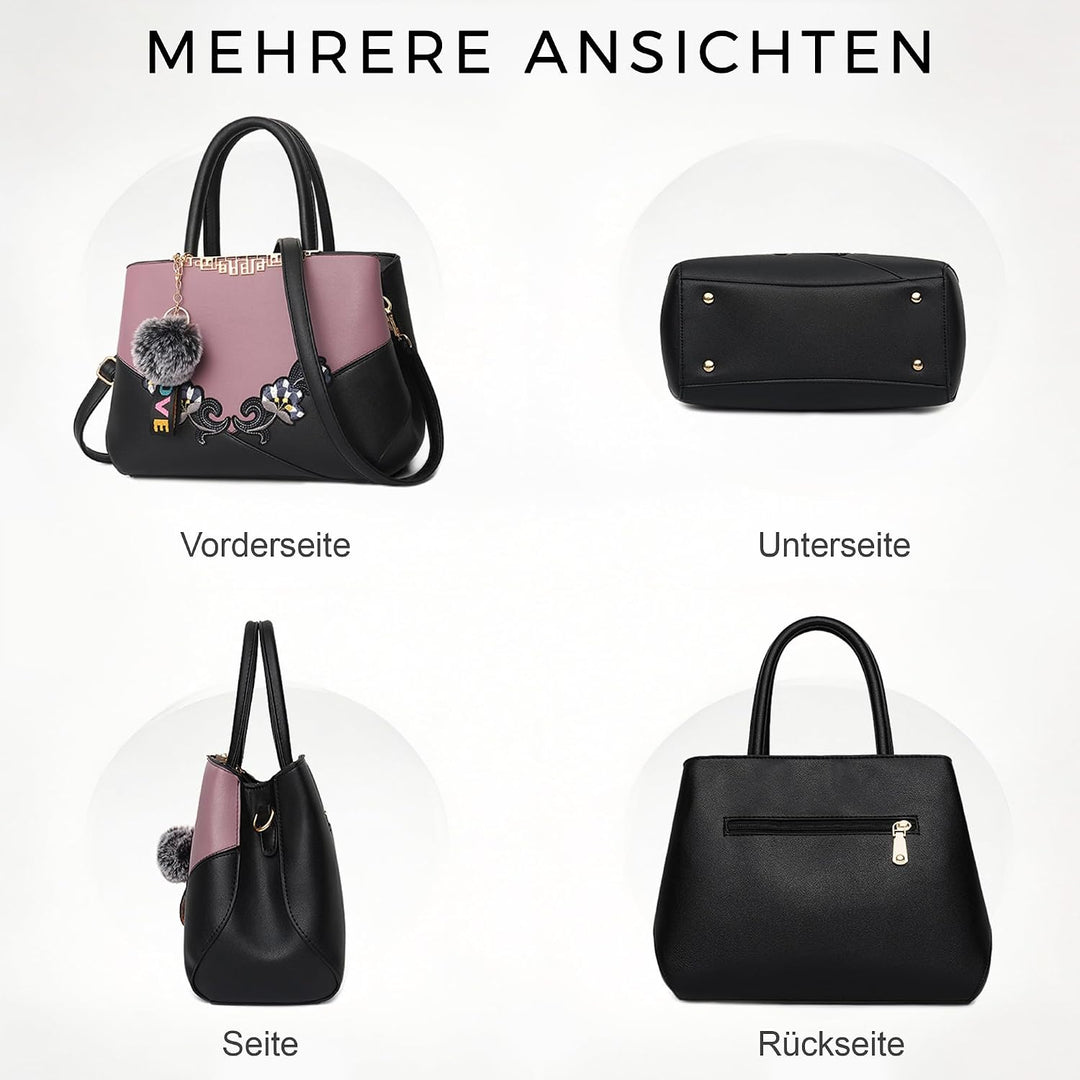 VARLIVOO Damen Handtasche Schultertasche Blumenmuster Frauen Umhängetasche Pom Pom Dekoration Shoppe