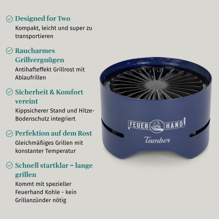 Feuerhand Tischgrill Tamber (kobaltblau) – Kompakter Holzkohlegrill für den Tisch. Mit Deckel als Un