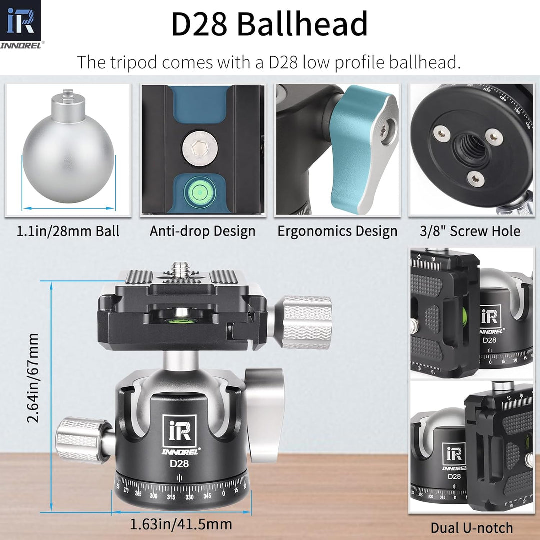 INNOREL CT223C 10-lagiges Kohlefaser-Tischstativ mit 28 mm niedrigem Profil-Kugelkopf und Mittelsäul