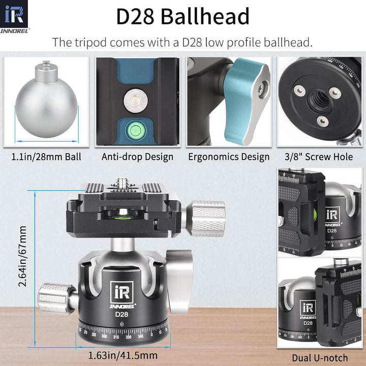 INNOREL CT223C 10-lagiges Kohlefaser-Tischstativ mit 28 mm niedrigem Profil-Kugelkopf und Mittelsäul
