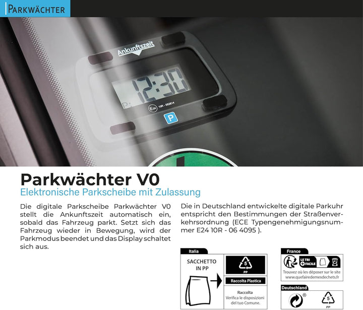 Parkwächter V0 Digitale Parkscheibe mit 2 Scheibenadapter, entspricht der Strassenverkehrsordung, el