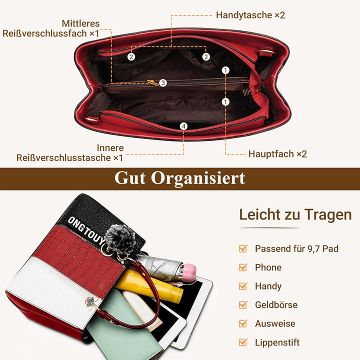 DIRRONA Damen Handtasche, PU Leder Handtasche mit Farbblock-Design und elegantem Anhänger, stilvolle