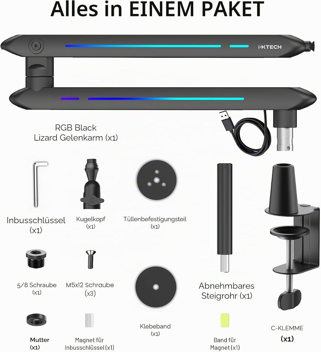 IXTECH RGB Low Profile Galgenarm für Mikrofon, verstellbarer Mikrofonarmständer mit Tischhalterungsk