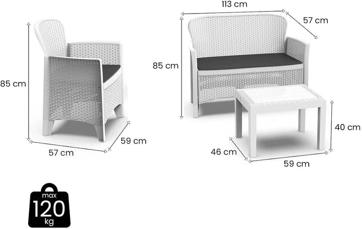 Dmora - Outdoor-Lounge-Set Ostuni, Gartengarnitur mit 2 Sesseln, 1 Sofa und 1 Couchtisch, Sitzecke i