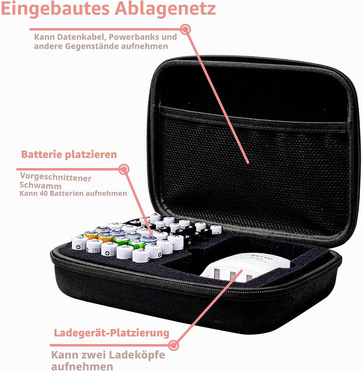 Batterie Aufbewahrungsbox, Tragetasche Batteriebox, Batteriegehäuse mit Netztasche Hält 40+ Batterie