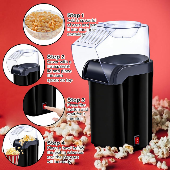 Heissluft Popcornmaschine - 1200W Mini Heissluft Popcorn Maker Ohne Öl Fett, 3 Min Schnellstart, One
