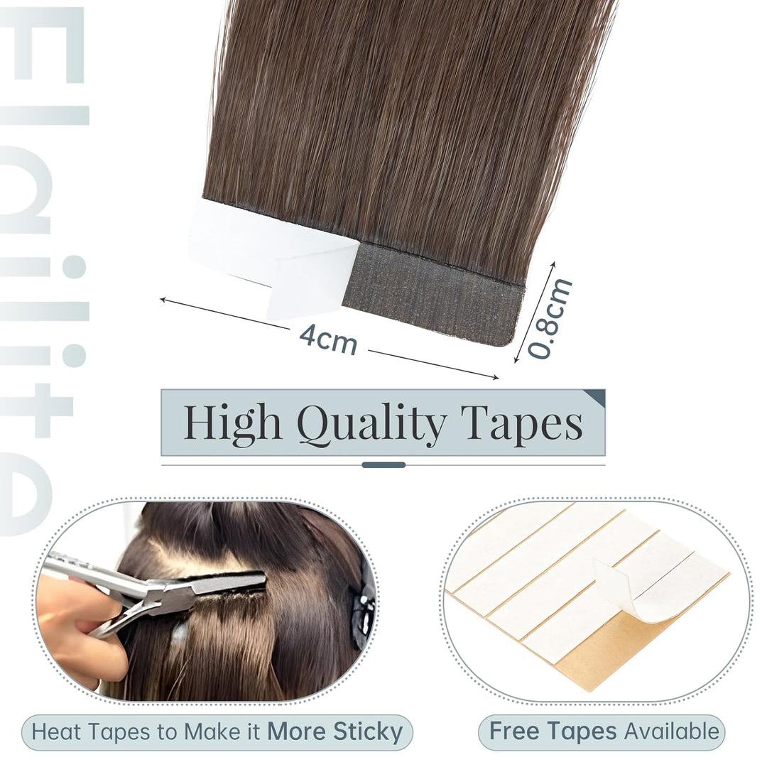 Elailite Echthaar Extensions Tape in 20 Stück Kleberband #2A Leberbraun, 40cm Haarverlängerungen Uns