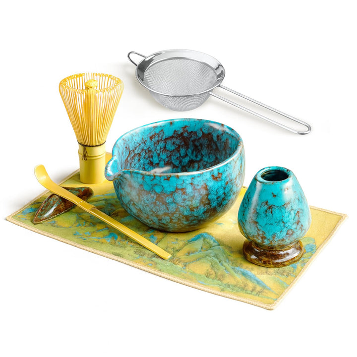 SURFOU Matcha Set 7 Stück, Matcha Schale mit Ausgiesser, Bambus-Schneebesen, Schaufel, Besenständer,