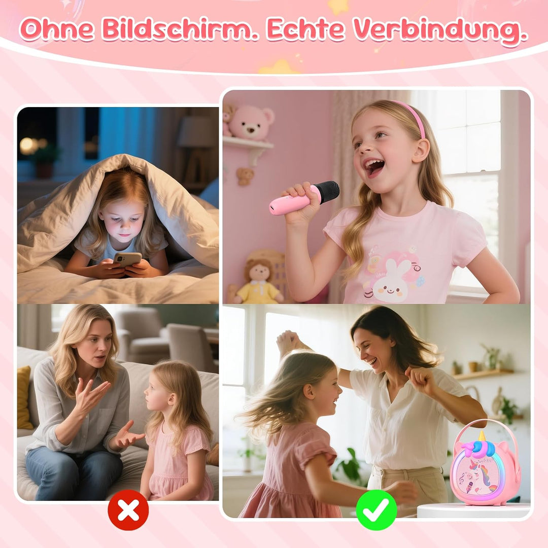 Kinder Karaoke Maschine mit 2 kabellosen Bluetooth Mikrofonen, Kompaktes Einhorn Musikspielzeug mit