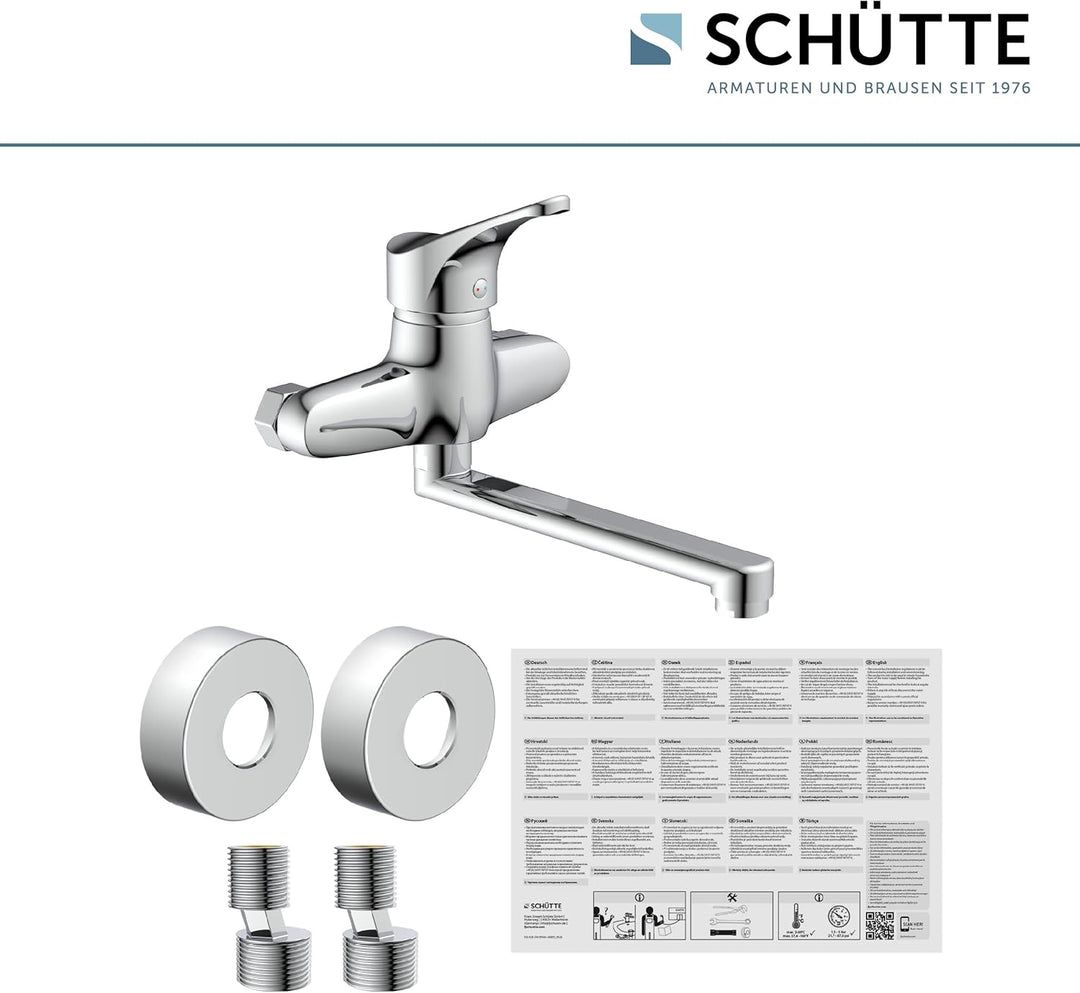 SCHÜTTE 22600 ATTICA Wandwasserhahn Chrom, Wand-Spültischarmatur 360°, ideal für Doppelspülbecken, W