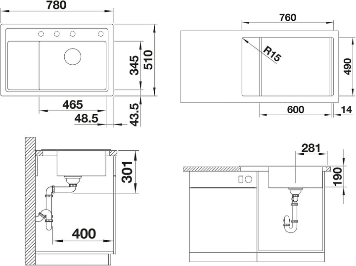BLANCO ZENAR XL 6 S Compact | SILGRANIT schwarz | Einbauart: Einbau von Oben | Hauptbecken rechts |