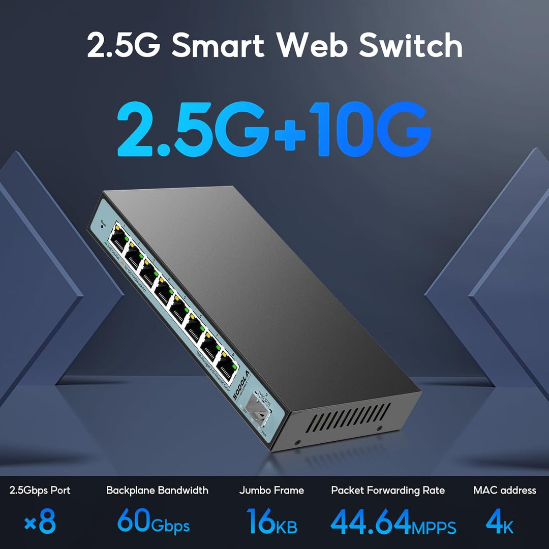 SODOLA 9 Port 2.5G Smart Web Ethernet Switch,1 10G SFP und 8 x 2.5G Base-T Ports,Unterstützt Statisc