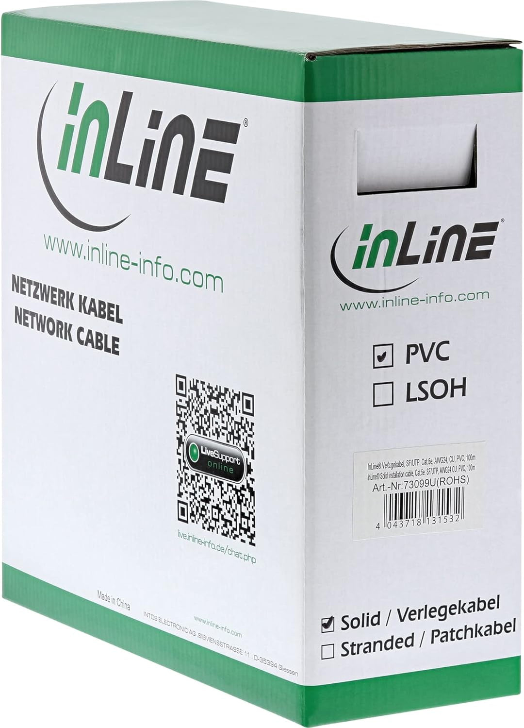 InLine® Verlegekabel, SF/UTP, Cat.5e, AWG24 CU, PVC, 100m