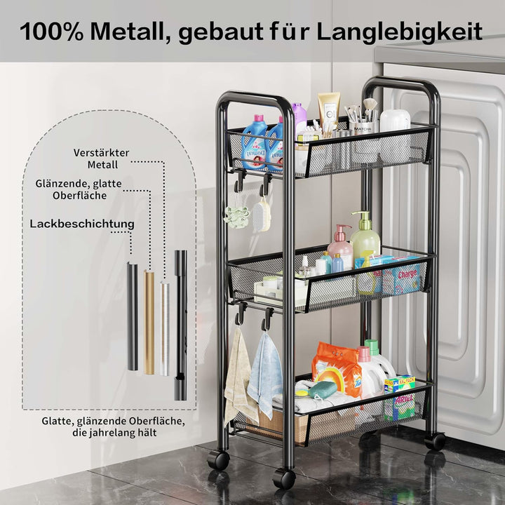 Rollwagen Metall Servierwagen,Küchenwagen,Küche,360° drehbare Räder,Aufbewahrungswagen mit 3/4/5 Ebe