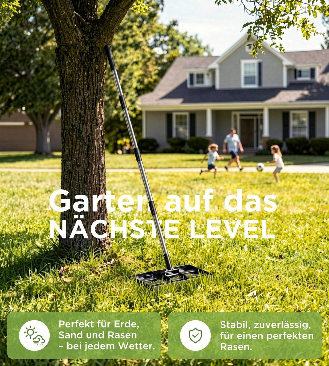 Rasenrakel 43x25cm mit Verstellbarem 180cm Langem Edelstahlstiel, Robuster & Kraftsparender Garten R