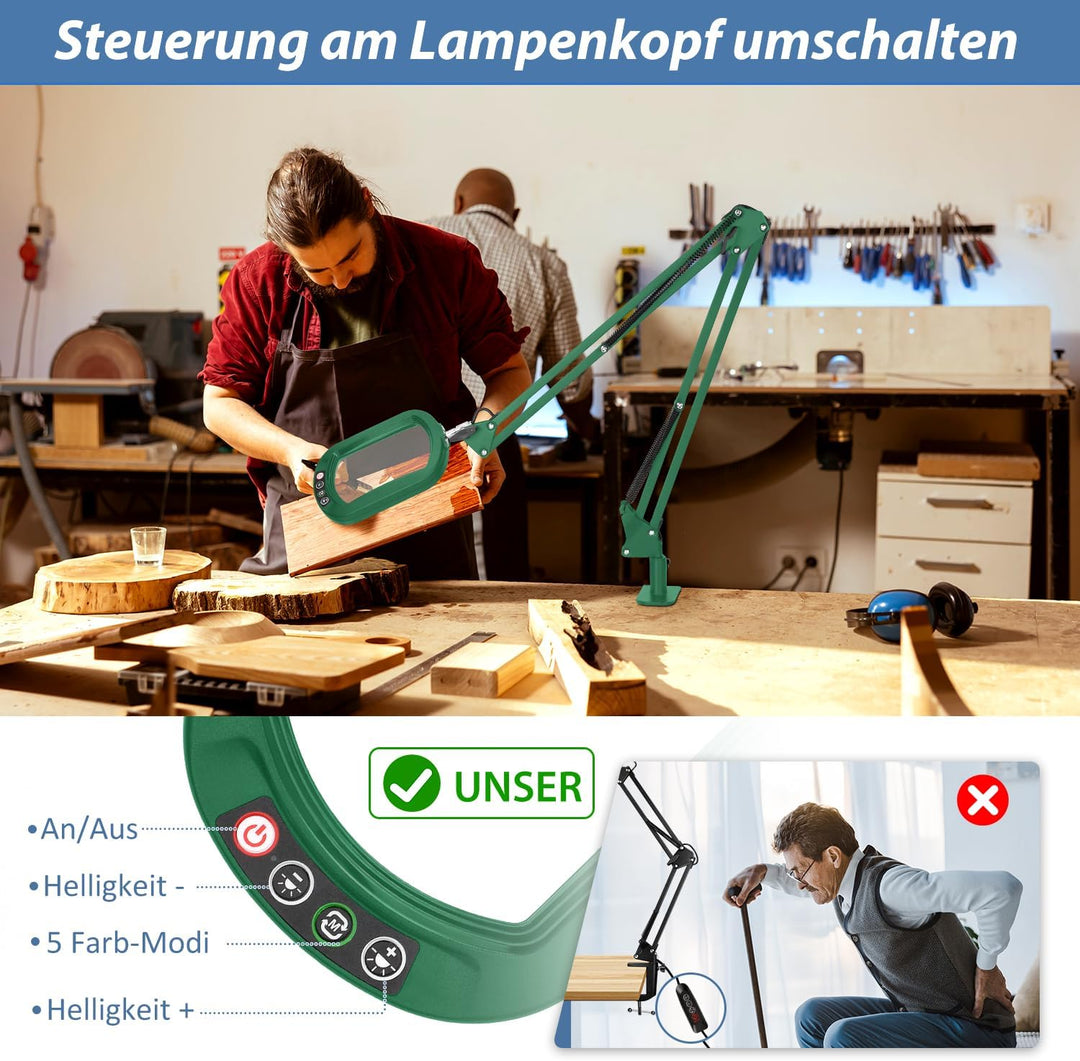 Veemagni 10X Echtes Glas Rechteckige Lupe mit Licht und Klemme, 5 Farbmodi stufenlos dimmen, 2 * 16