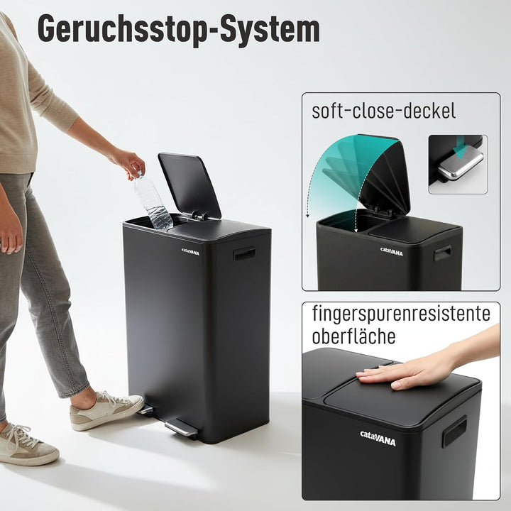 CATAVANA Mülleimer Küche Mülltrennung 2 x 30 Liter - Doppelfach 60 Liter - Moderner Recycling-Müllei