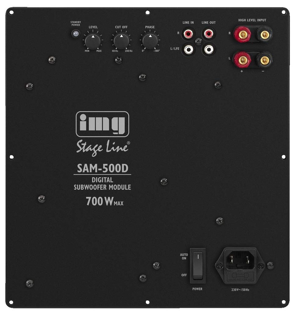 MONACOR SAM-500D Subwoofer Aktiv-Modul mit 500 W und variablem Tiefpass, Tieftöner mit High-Level Ei