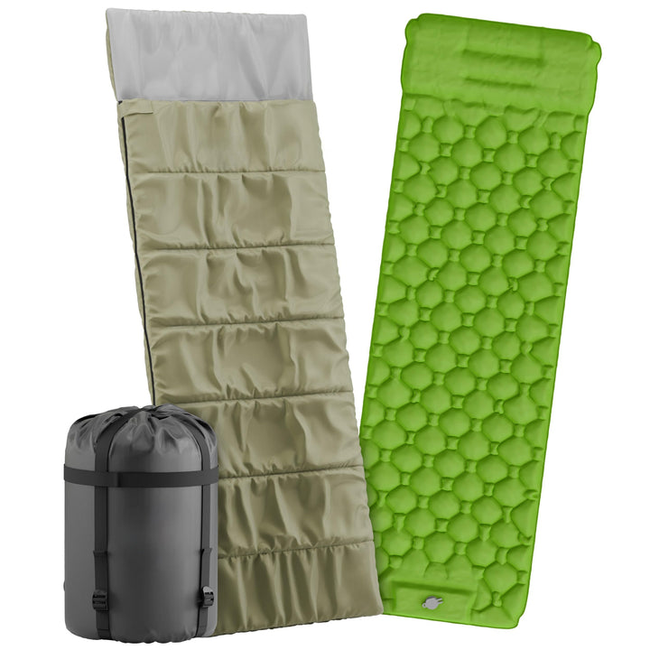 Schlafsack mit integrierbarer Isomatte &amp; Fusspumpe – Outdoor Set für Festival, Trekking und 3-Jahres