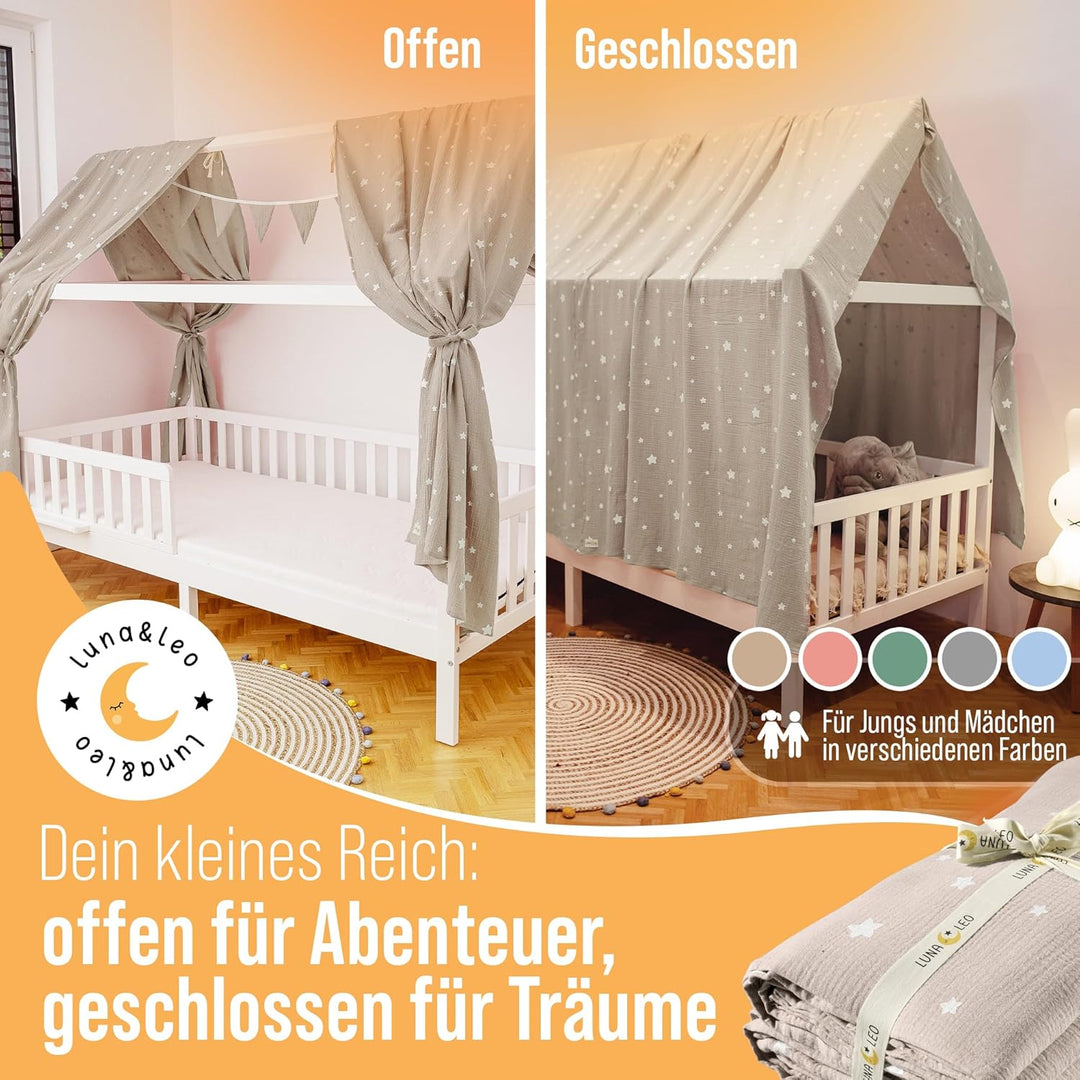 Luna & Leo Hausbett Himmel 3-TLG - mit Sternendruck [Bio Musselin Baumwolle] Handmade | Himmelbett V