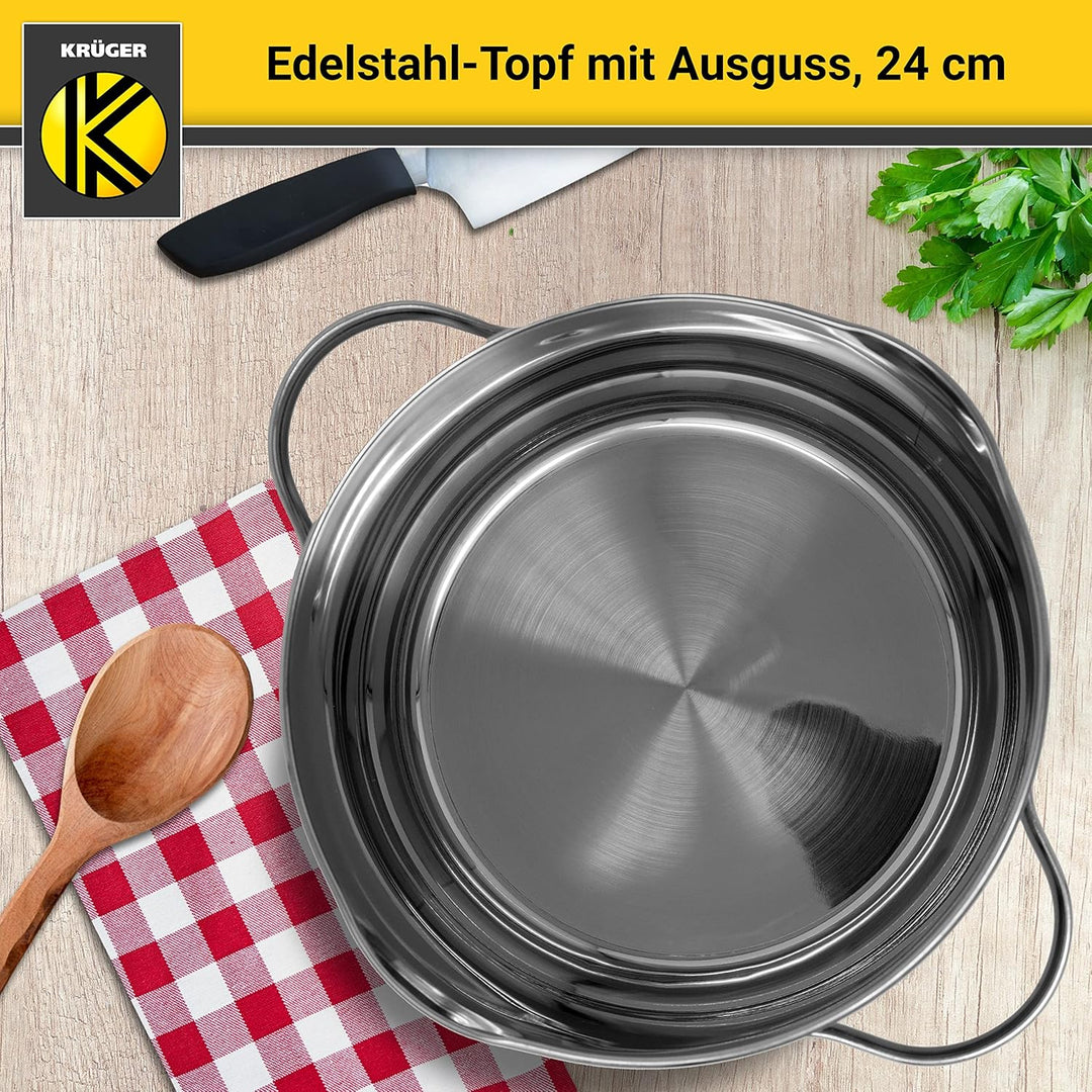 Krüger Edelstahl-Fleischtopf mit Ausguss - Kochtopf mit Ausgiesshilfen - mit Induktion - hitzebestän