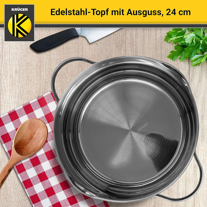 Krüger Edelstahl-Fleischtopf mit Ausguss - Kochtopf mit Ausgiesshilfen - mit Induktion - hitzebestän