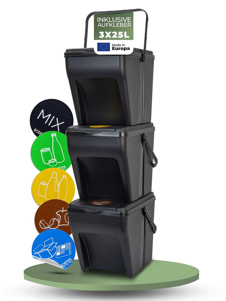 Novaliv Mülltrennsystem Set - 3x 25L Mülleimer Trennsystem - Mülleimer 4 Fächer - Mülltrennsysteme s