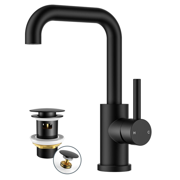 FORIOUS Wasserhahn Bad Schwarz Hoch mit Ablaufgarnitur，360° Drehbar Edelstahl Waschtischarmatur Hoch