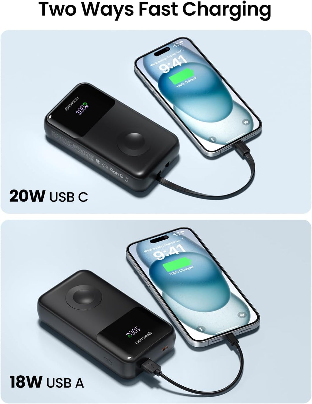 NEWDERY Powerbank für Apple Watch & iPhone Ladegerät 20000mAh Drahtloses Ladestation Power Bank, Sch