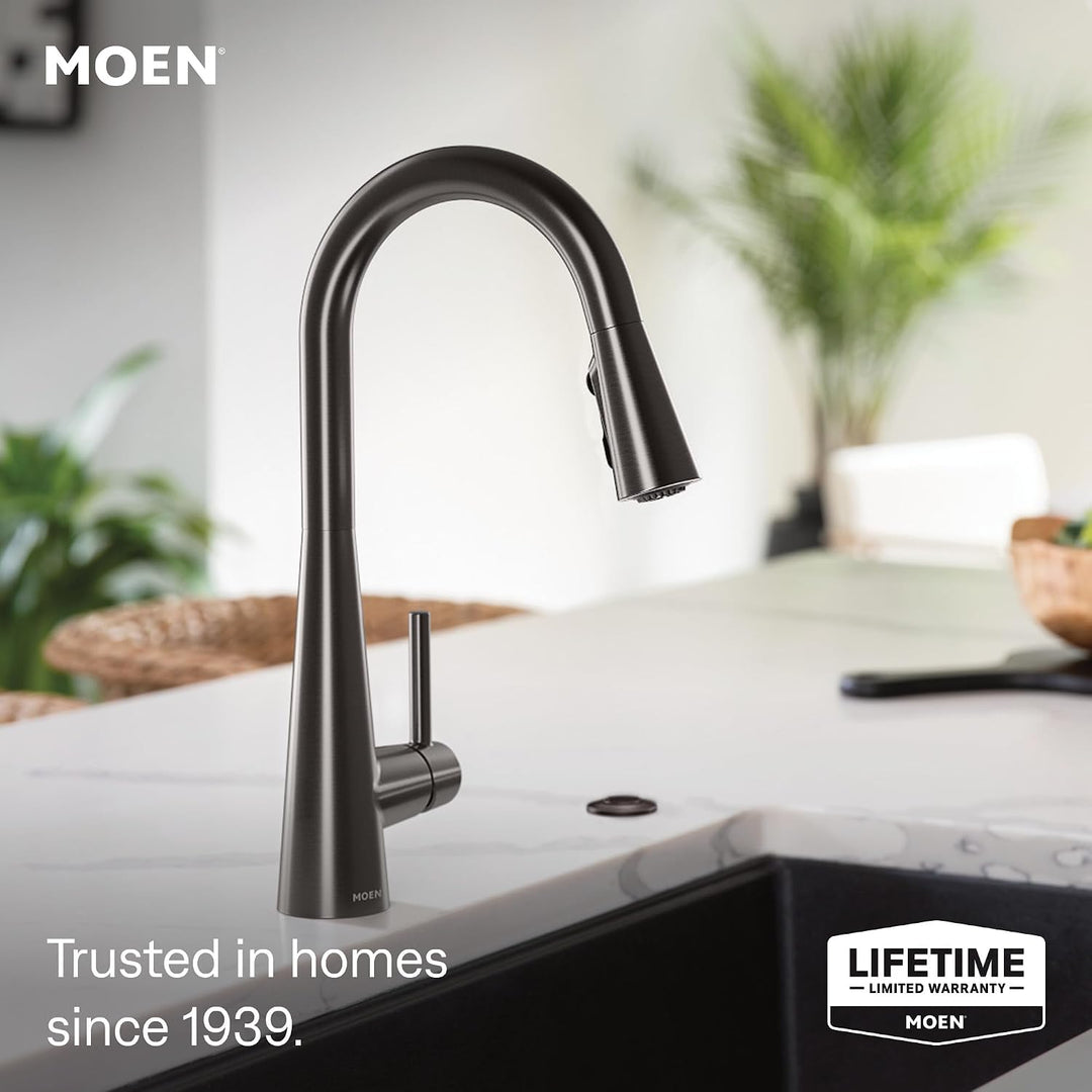 Moen Schlanke, schwarze Edelstahl-Küchenarmatur mit einem Griff, hoher Bogen, mit Power Boost, 7864B