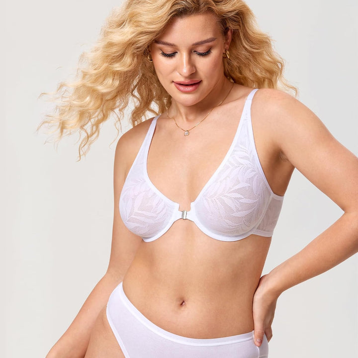 AISILIN Damen BH mit Spitze mit Vorderverschluss Grosse Grössen Bügel ohne Polster 75E Weiss, 75E We