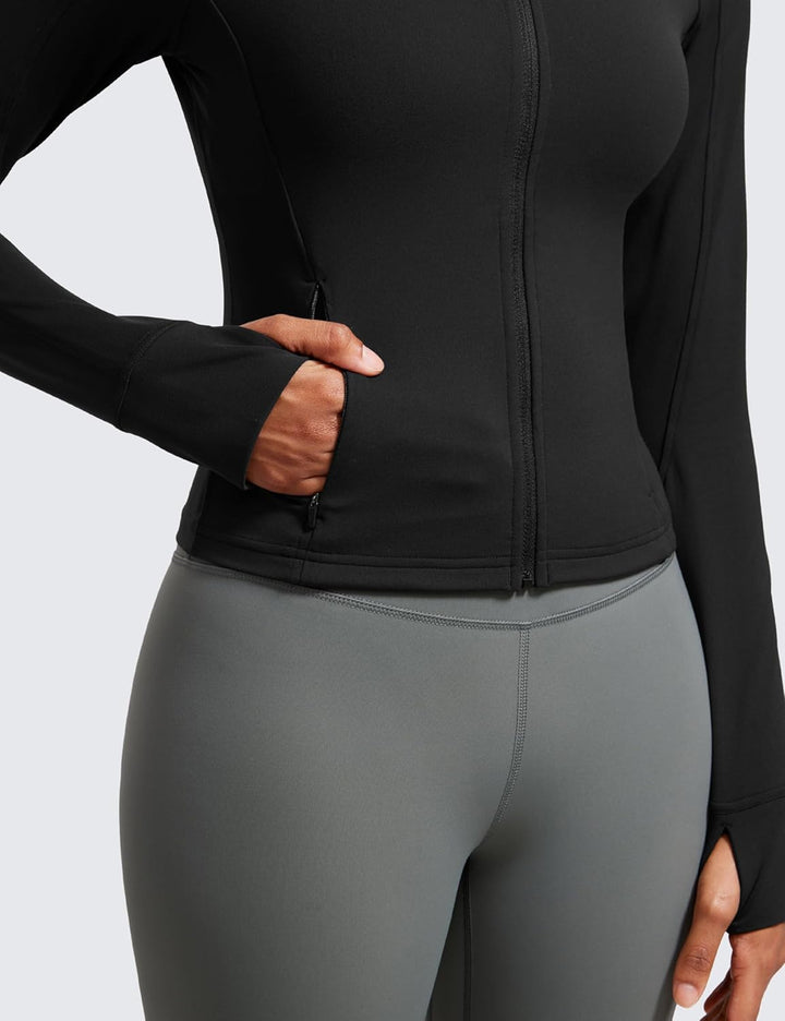 CRZ YOGA Damen Butterluxe Full Zipper Sport Jacke Zip Tasche Crop Running Laufjacke Gym Langarmshirt