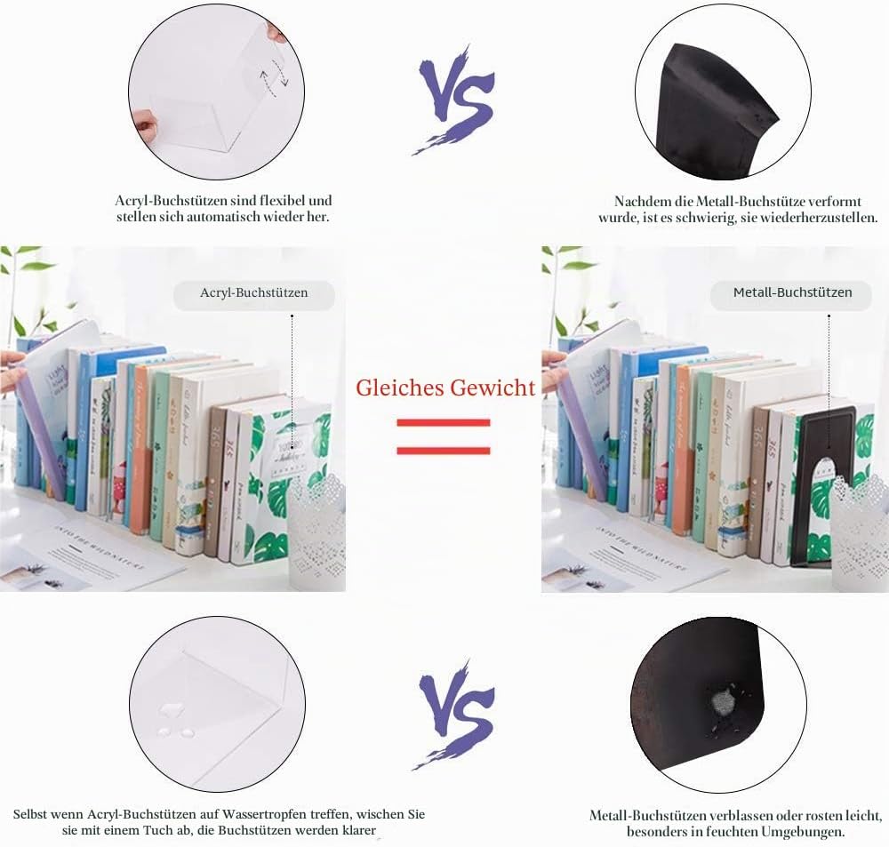 Buchstütze, MerryNine Acryl Transparente Buchstützen mit Rutschfester Auflage für Bücherregal Büro S