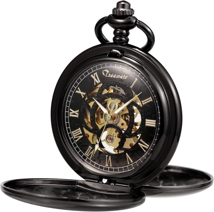 TREEWETO Taschenuhr Unisex Taschenuhr mit Kette Analog Mechanisch Handaufzug Doppelscharnier Antik R