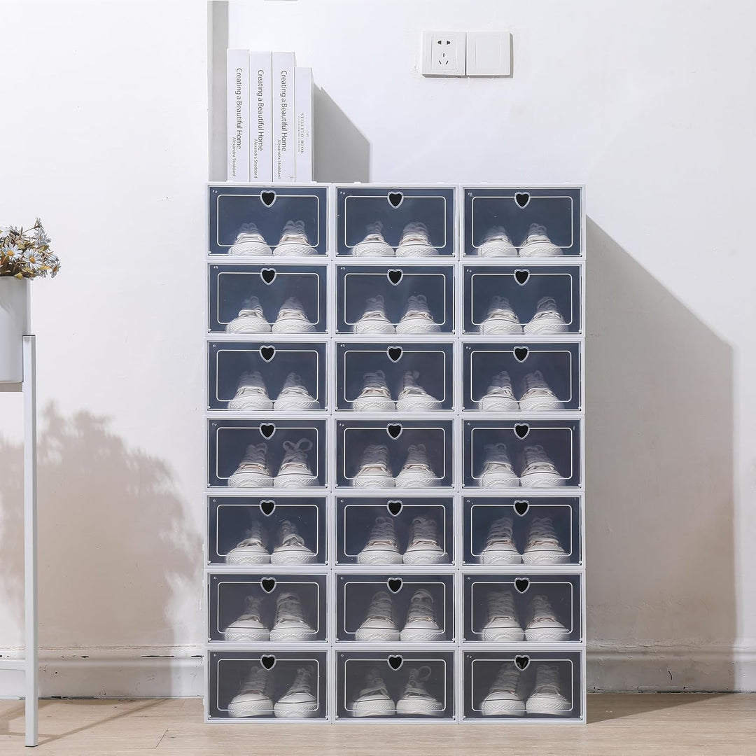 24er-Set Schwarz Transparent Schuhboxen Stapelbar Schuhaufbewahrung mit Durchsichtiger Tür Faltbar S