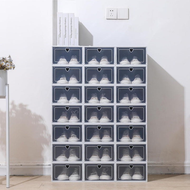 24er-Set Schwarz Transparent Schuhboxen Stapelbar Schuhaufbewahrung mit Durchsichtiger Tür Faltbar S
